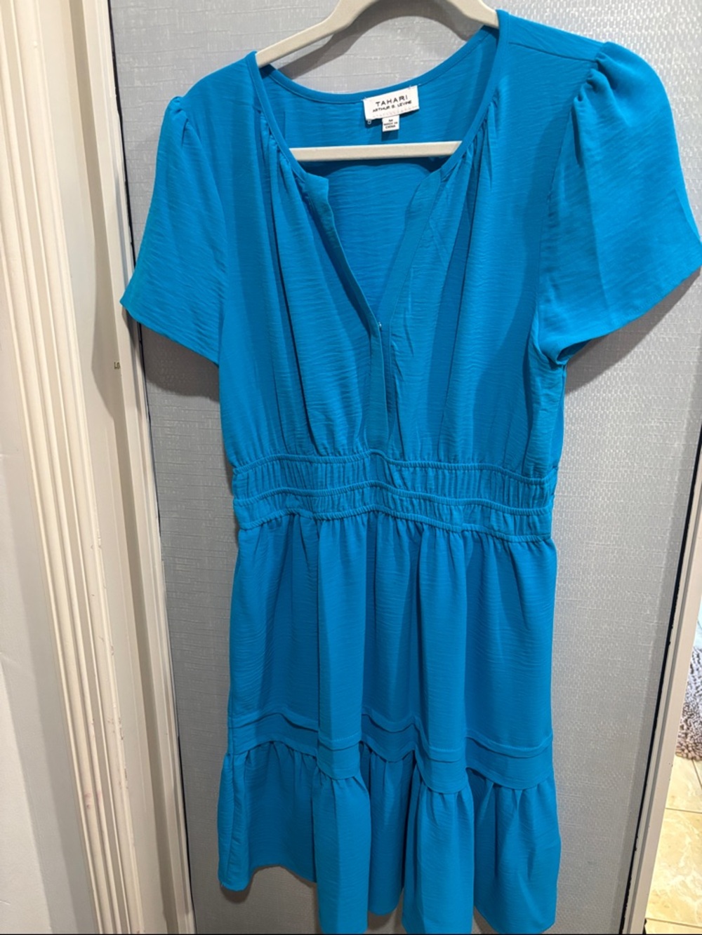 Tahari Bright Teal Short-Sleeve V-Neck Tiered Dress